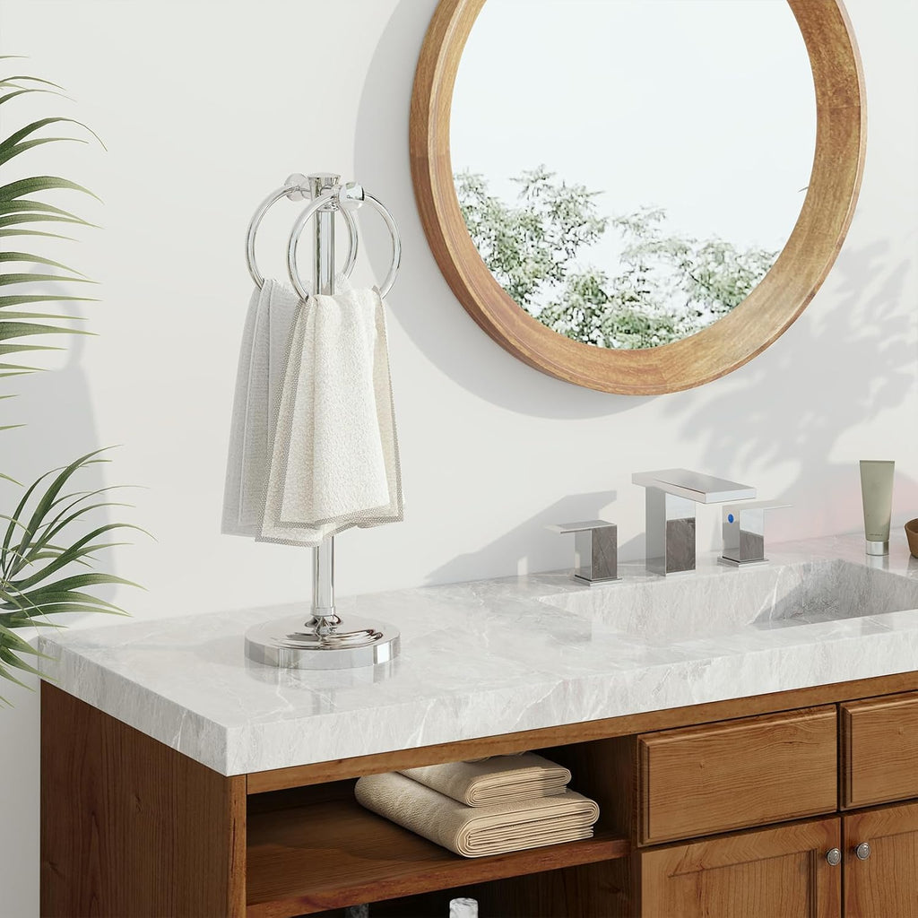 Hoimpro 17" Polished Chrome Standing Towel Rack Bracket, Double Towel Ring Free Hand Towel Stand Holder Bathroom Hardware Accessories Set Towel Bar for Bathroom Vanities and Kitchen Countertops