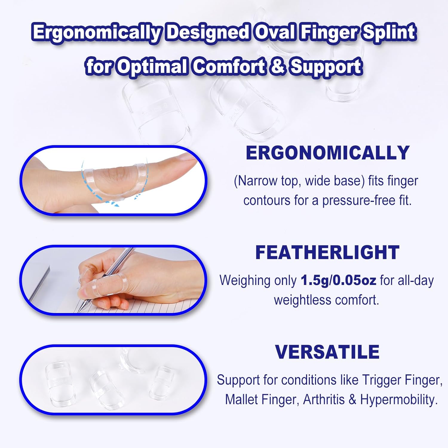 8Pcs Clear Oval Finger Splints & Click-Lock Adjustment Kit, 4 Graduated Finger Ring Splint & 4 Splint Adjustment, Finger Braces for Arthritis, Mallet, Straightening, Support (Size 4-7)