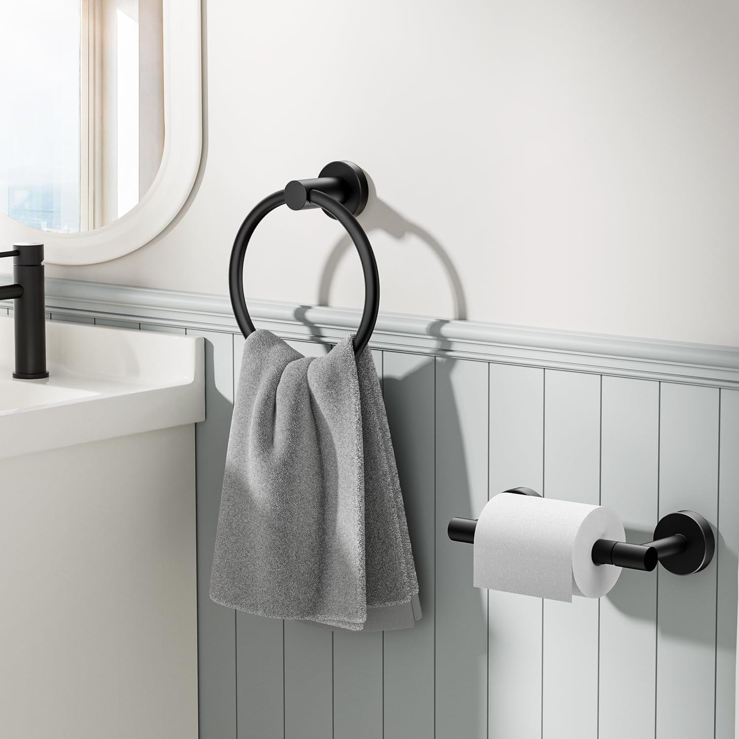 FORIOUS Matte Black Toilet Paper Holder Wall Mount, SUS304 Stainless Steel Double Post Pivoting Tissue Roll Holder and Hand Towel Ring Set for Bathroom, RV, Bathroom Hardware Accessories Set