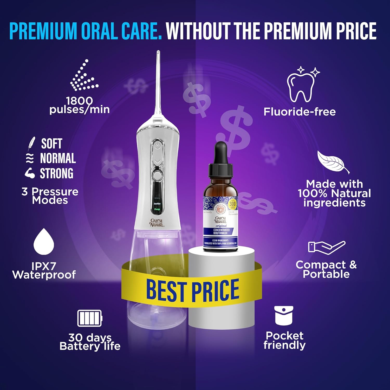 GuruNanda Advanced Water Flosser 2.0 with UV Mode & Concentrated Mouthwash Duo - Fresh Breath & Thorough Plaque Removal for a Brighter Smile