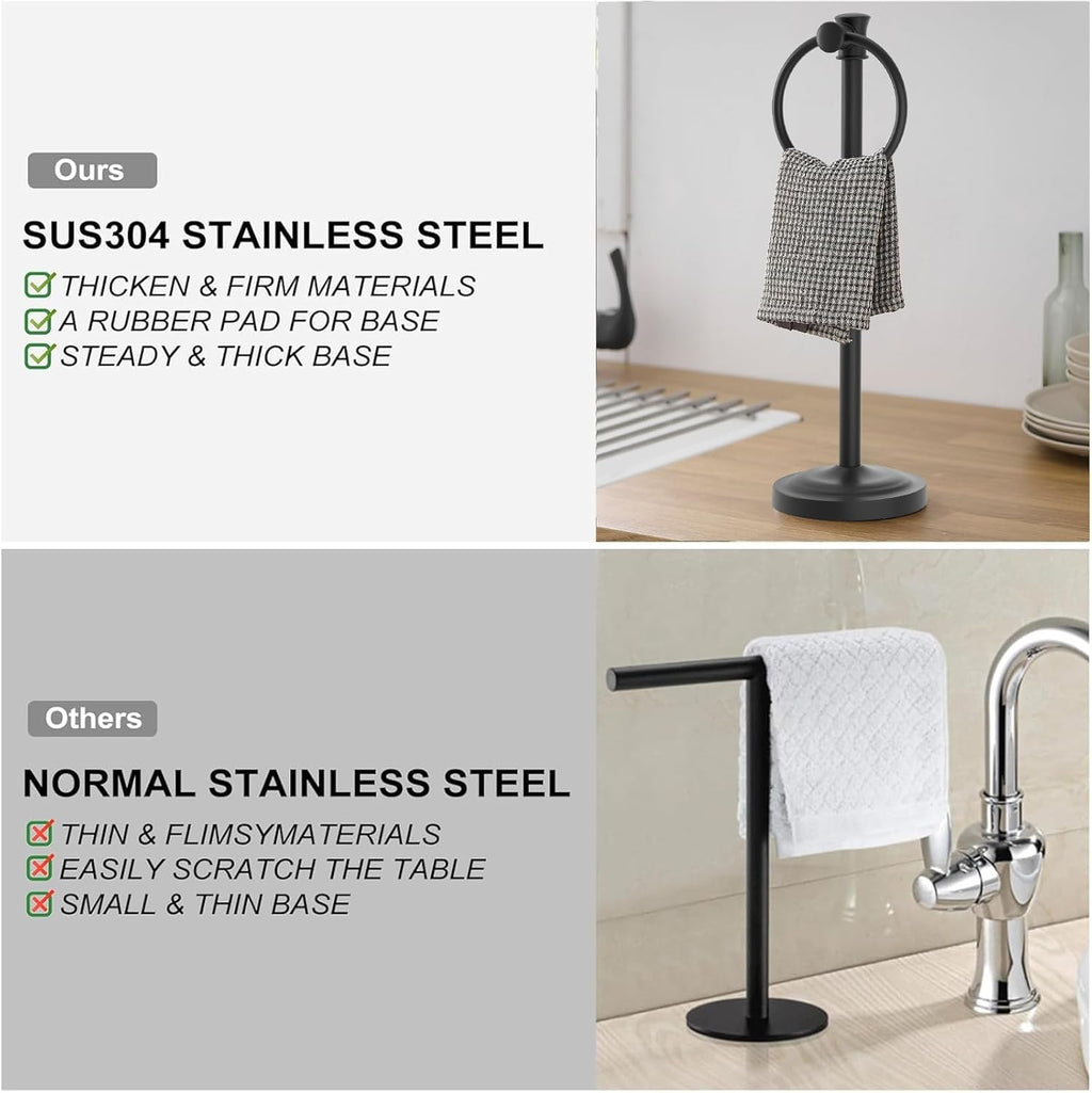 Hoimpro 17 Inch Stand Hand Towel Holder Towel Bar Towel Hanging Ring, Free Standing Floor Hand Towel Rack Storage for Bathroom Kitchen Vanity Countertops, Hardware Accessories(Matte Black)