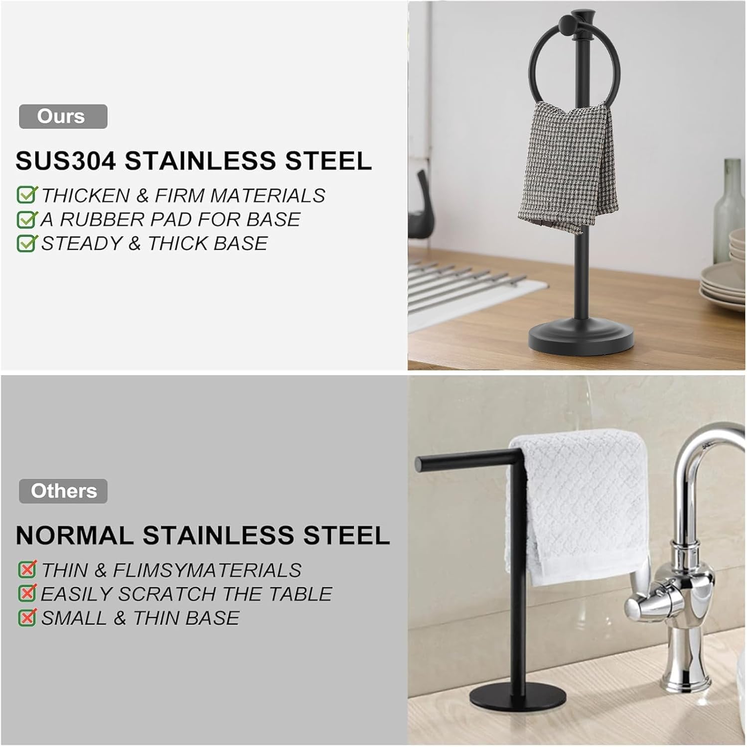 Hoimpro 17 Inch Stand Hand Towel Holder Towel Bar Towel Hanging Ring, Free Standing Floor Hand Towel Rack Storage for Bathroom Kitchen Vanity Countertops, Hardware Accessories(Matte Black)