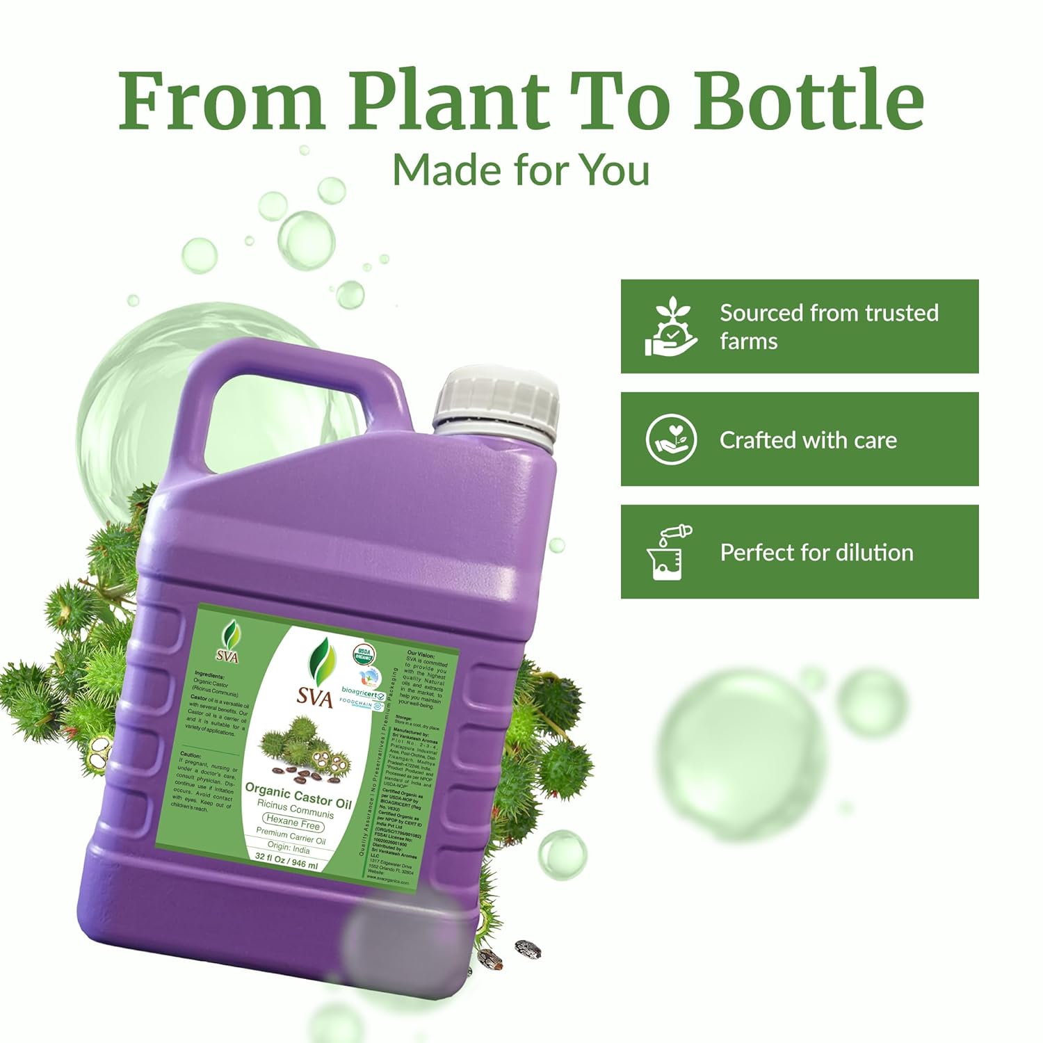 SVA Castor Seed Oi Organic - 32 Fl Oz – 100% Natural Cold Pressed Organic Castor Oil - for Face, Skin Care, Hair Care, Scalp Massage & Body Massage