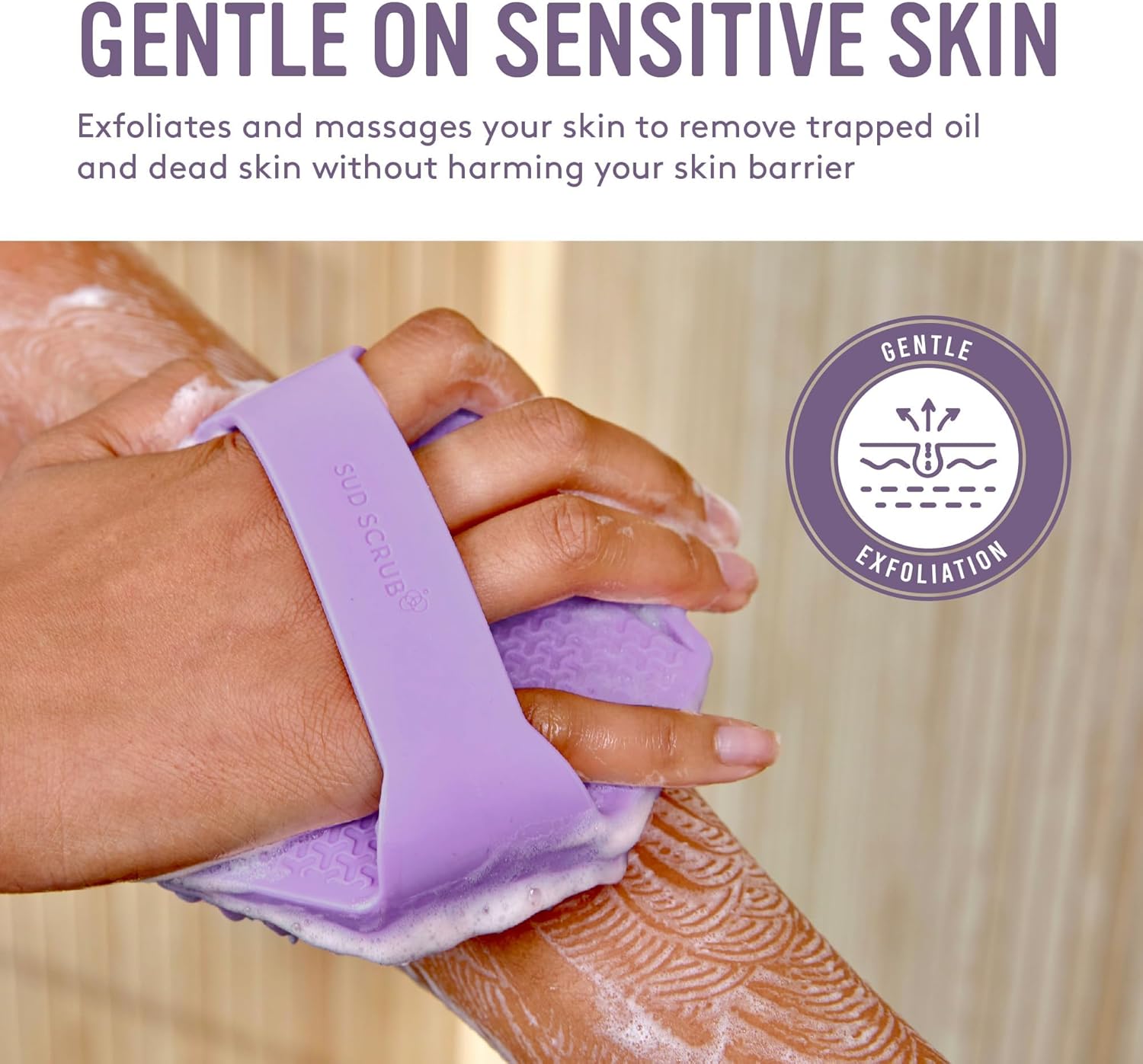 Sud Scrub® Antimicrobial Silicone Body Scrubber, Exfoliating Body Scrubber for Sensitive Skin, Eco Friendly Shower Scrubber for Body, Silicone Body Brush for Showering, Purple