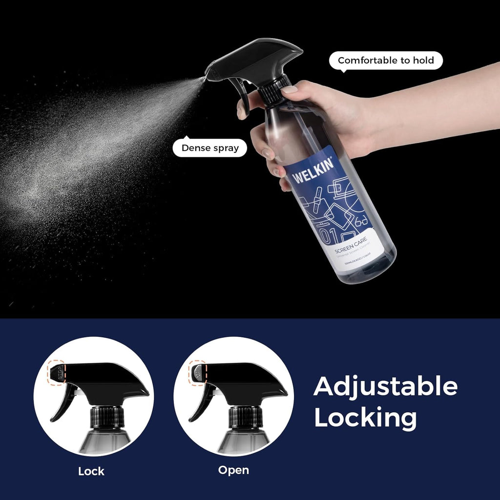 WELKIN Screen Cleaner Spray Kit (550ml + 60ml) - Cleaning Mist for TV, Laptop, Computer, Phone Touchscreen - 2 Sprayers，1 Microfiber Cloth & 1 Glass Wipe Included