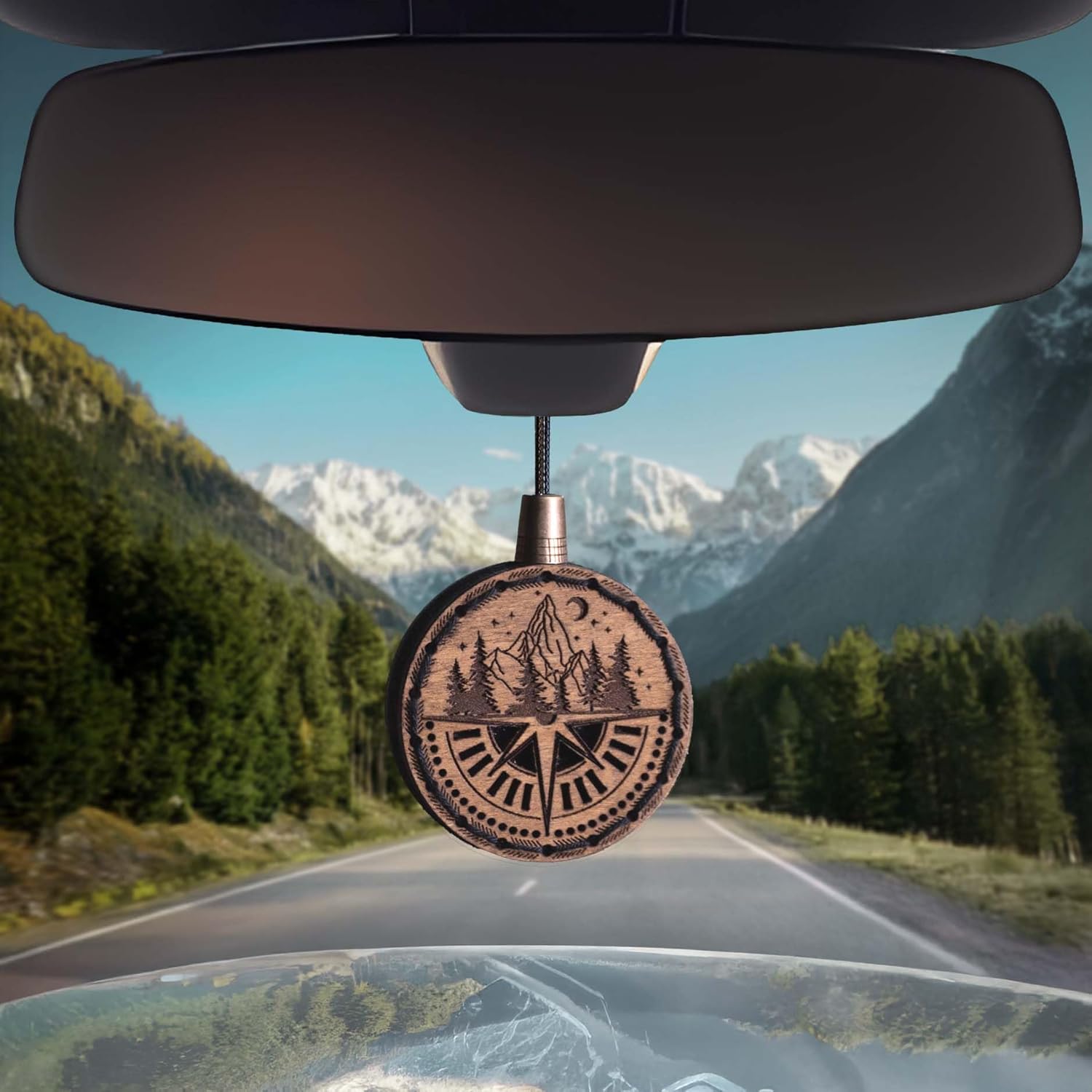 Wood Car Air Freshener — Handmade Car Air Freshener — Compass Mountains Designed Fragrance Oil Diffuser in Wooden Gift Box — Aromatherapy Set with Mountain Rain Fragrance Oil - 10 ml