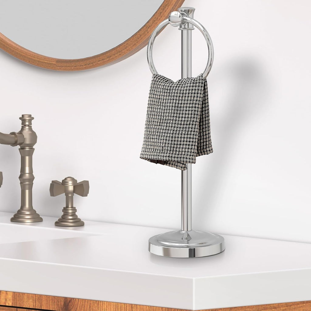 Hoimpro 17 Inch Stand Hand Towel Holder Towel Bar Towel Hanging Ring, Free Standing Floor Hand Towel Rack Storage for Bathroom Kitchen Vanity Countertops, Hardware Accessories(Polished Chrome)