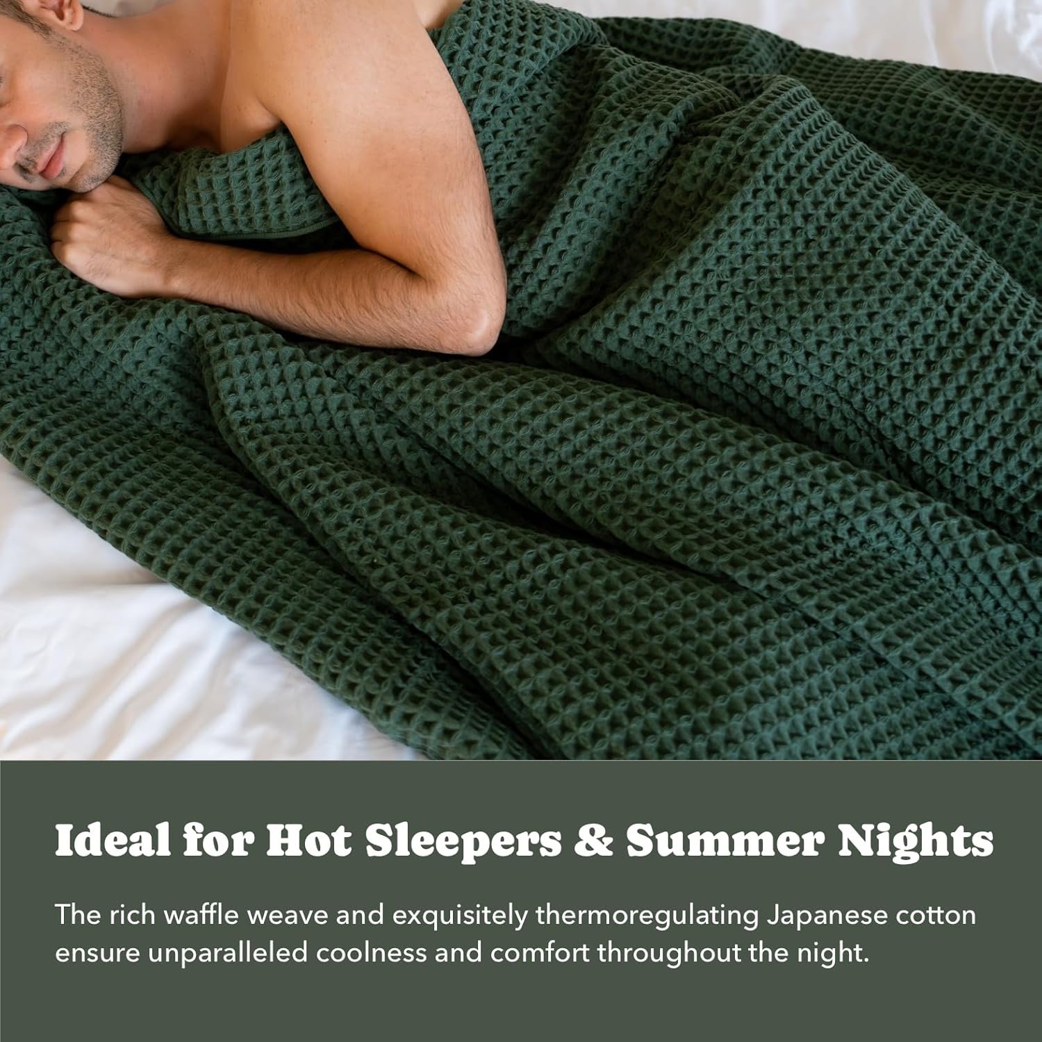 Luxury Japanese Cotton Waffle Towelket Blanket for All Sleepers | Soft, Breathable and Thermoregulating (Forest Green, 67''x91'')