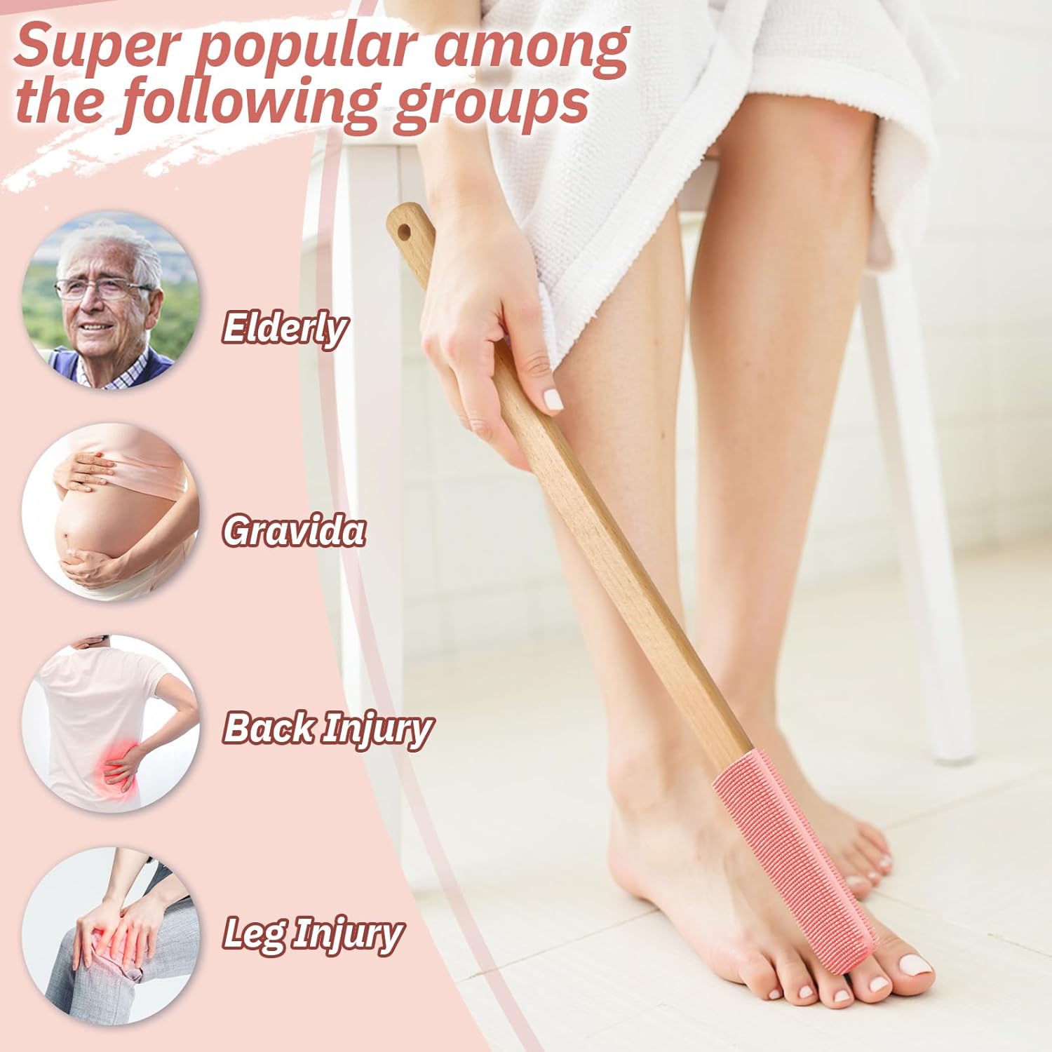 Long Handle Toe Gap Cleaning Brush+Body Shower Brush+Foot Grinder, Silicone Foot Scrubber for Shower, Feet Cleaner Scrub Foot Care for Seniors,Elderly, Men and Women,Pink