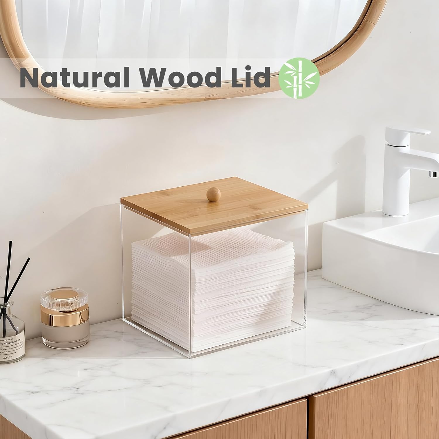 Puricon Acrylic Disposable Facial Towels Holder, Clear Storage Bin with Wood Lid Compatible with Clean Skin Club Towel (NOT Included), Face Towelettes Container for Bathroom Counter -Nature