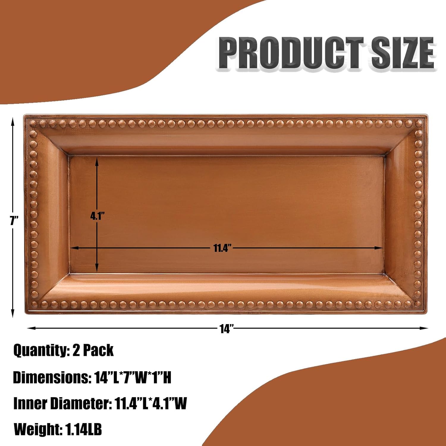 2 Pack Bronze Bathroom Vanity Tray for Countertop with Beads, Small Plastic Toilet Tank Versatile Storage Organization Tray for Makeup, Perfume, Desk, Kitchen, Candles, 14"x7"x1", 36GT