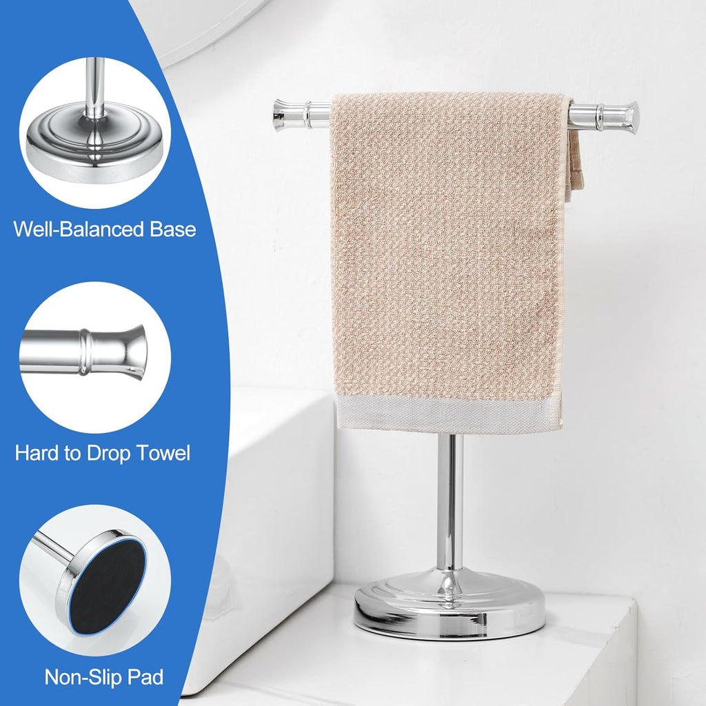 RUMOSE 13 Inch Polished Chrome Towel Stand Hand Towel Holder Bathroom Kitchen Vanity Countertop T-Shape Towel Rack Free Standing Stainless Steel Towel Bar Towel Ring