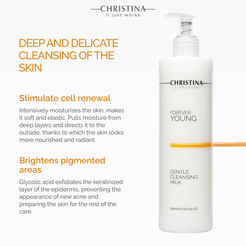 Christina Forever Young Gentle Cleansing Milk with Retinol for Face | Nourishing Formula with Glycolic Acid, Vitamin A, Vitamin E for Aging & Dry Skin | Suitable for ages 30-45+ | 24-Hour Care 300ml