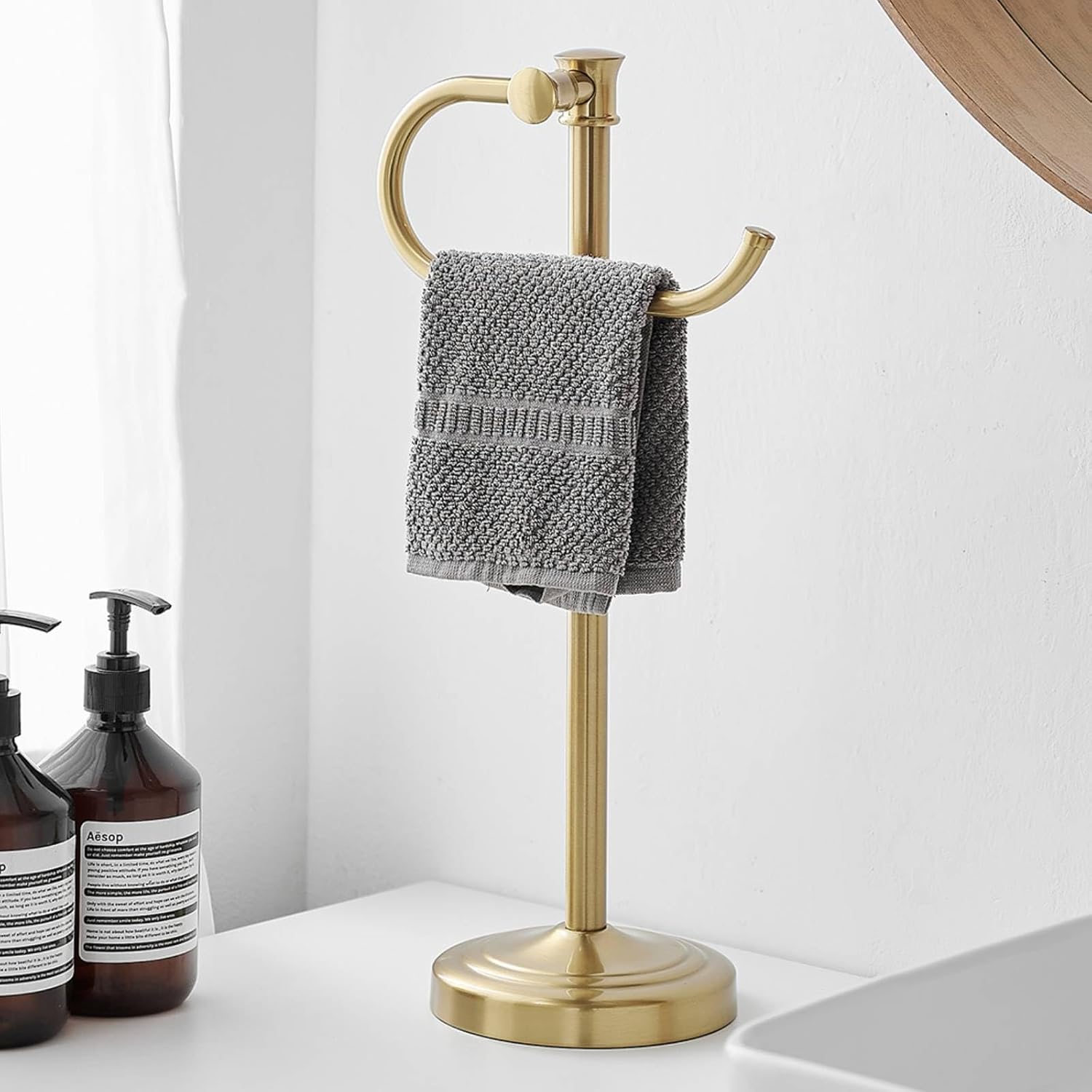 BESy 17 Inch Brushed Gold Stand Towel Bar Hanger Hand Towel Bar Bathroom Vanity Countertop Towel Holder Free Standing Stainless Steel Towel Ring Hardware Accessories Towel Rack