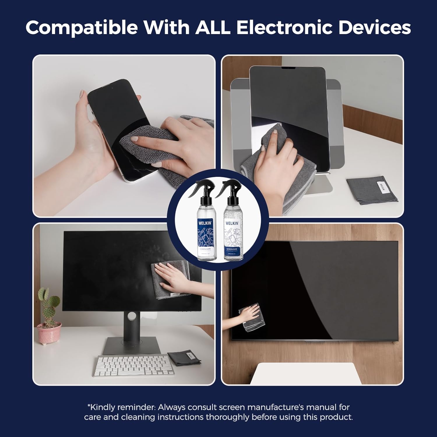 WELKIN Screen Cleaner Spray Kit (250ml + 250ml) - Cleaning Mist and Gel for TV, Laptop, Computer, Phone Touchscreen - 2 Sprayers, 1 Microfiber Cloth & 1 Glass Wipe Included