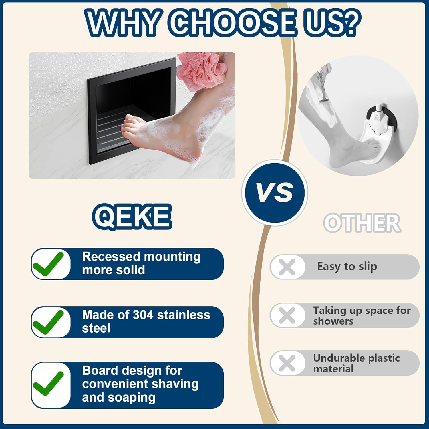 Shower Foot Rest for Shaving Legs, 304 Stainless Steel Footrest Niche with Shaving Holder, Recessed Shower Niche for Shaving Legs, Matte Black