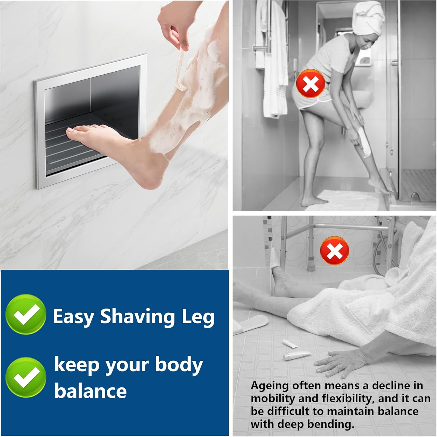 Shower Foot Rest for Shaving Legs, 304 Stainless Steel Footrest Niche with Shaving Holder, Recessed Shower Niche for Shaving Legs, Matte Black