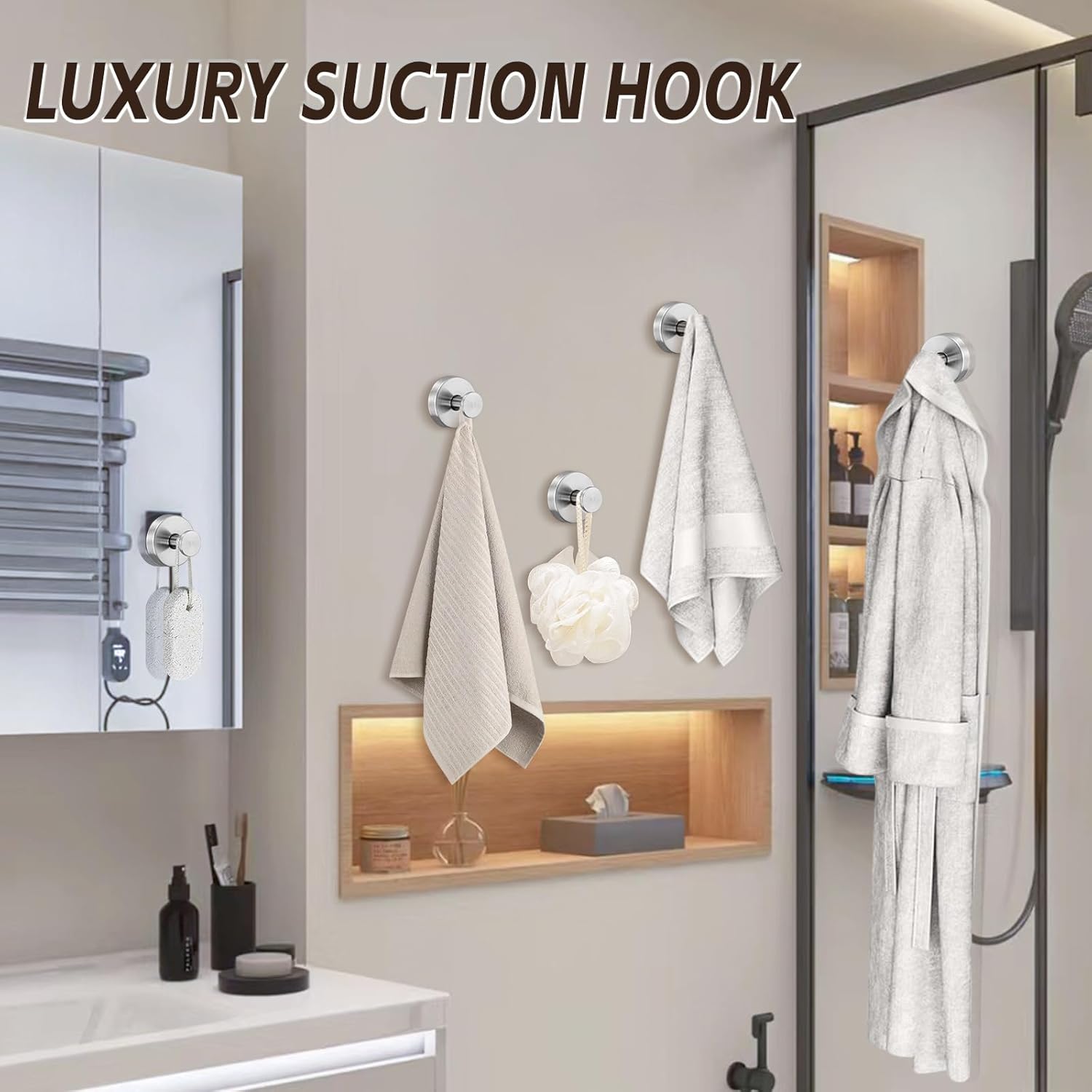 Reusable Heavy Duty Suction Cup Hooks for Kitchen/Bathroom/Shower - Wet-Proof Hooks for Towels, Robes, Loofah&Wreaths/No Drill Mounting on Glass, Tile, Metal (4, Brushed Nickel)