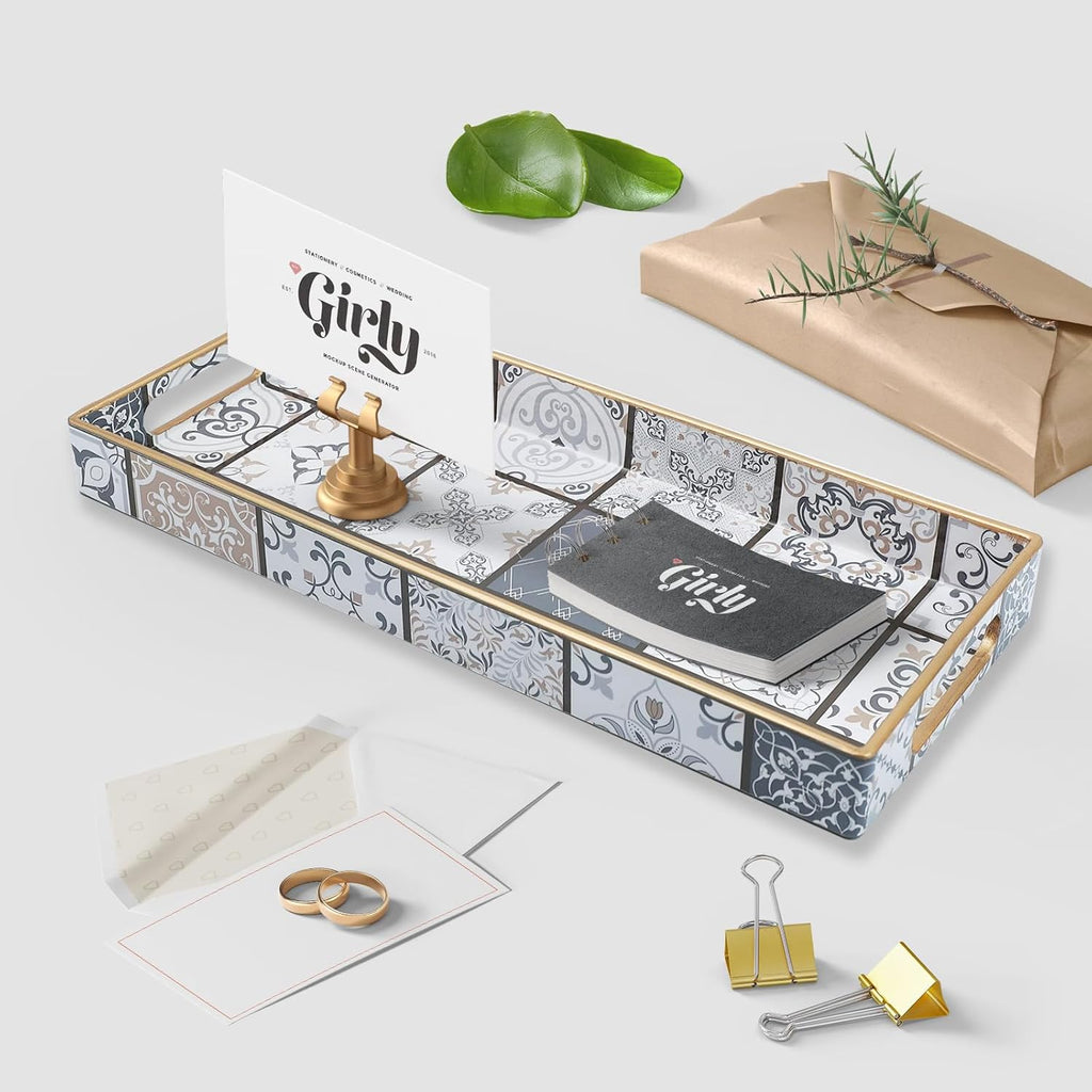 Bathroom Vanity Tray for Countertop, Small Plastic Toilet Tank Tray Versatile Storage & Organization Tray for Makeup, Perfume, Desk, Kitchen, Candles, 13.7"x6"x1.4", 35Boho3