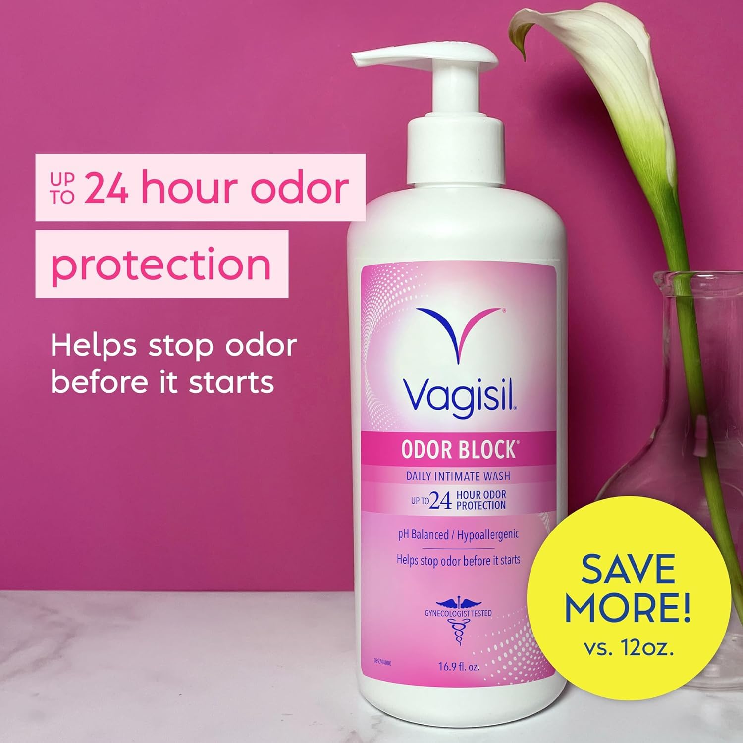 Vagisil Feminine Wash for Intimate Area Hygiene, Odor Block, Gynecologist Tested, Hypoallergenic, 16.9 oz with Pump (Pack of 2)