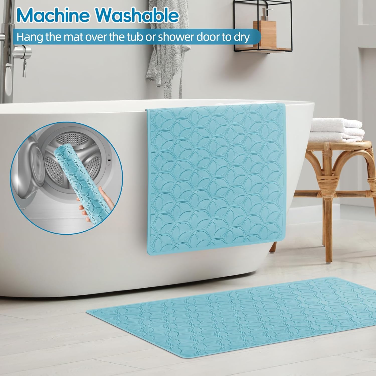 WRISIN Bathtub Mat Non Slip with Suction Cups - 100% Rubber Bathroom Mat Textured for Bath Tub Shower Safety - Soft on Touch - BPA/PVC Free - Pet Dog Bath Mat - Machine Washable - 16 × 28 Inch（Blue）
