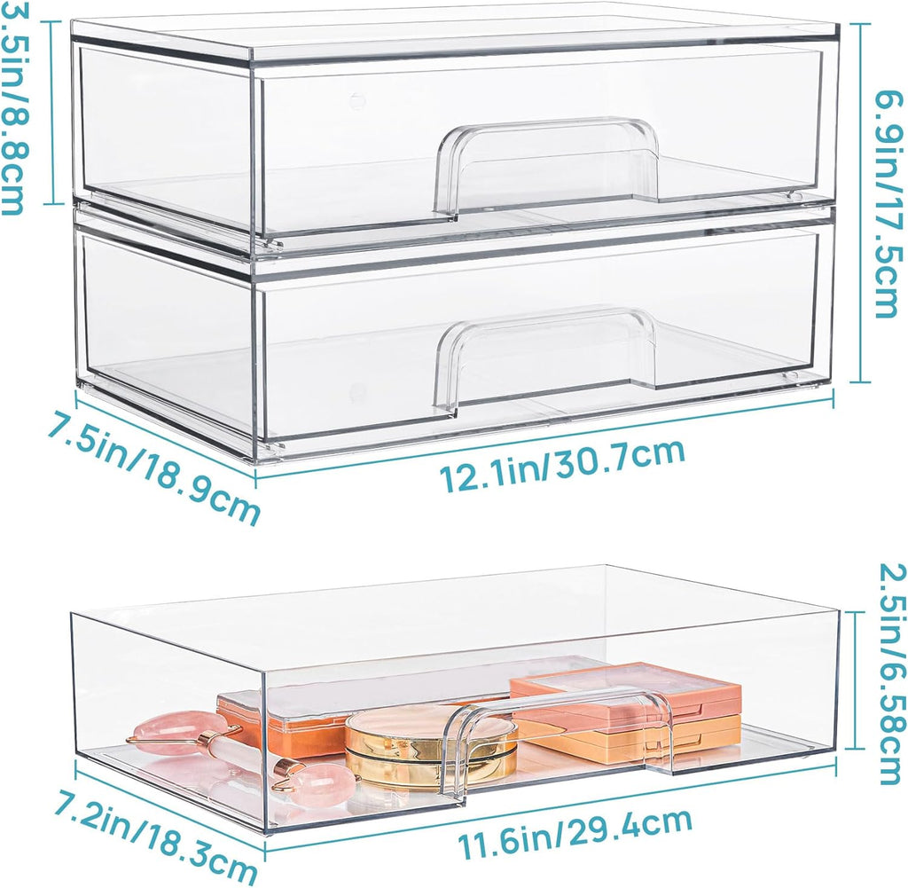 Vtopmart 12.1''W Clear Stackable Storage Drawers,3 Pack Acrylic Plastic Organizers Bins for Makeup Palettes, Cosmetics, and Beauty Supplies,Ideal for Vanity, Bathroom,Cabinet,Desk Organization
