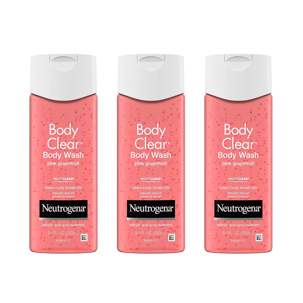 Neutrogena Body Clear Acne Treatment Body Wash with Salicylic Acid Acne Medicine, Pink Grapefruit Body Acne Cleanser to Prevent Breakouts on Back, Chest & Shoulders, 8.5 fl. oz, 3 Pack
