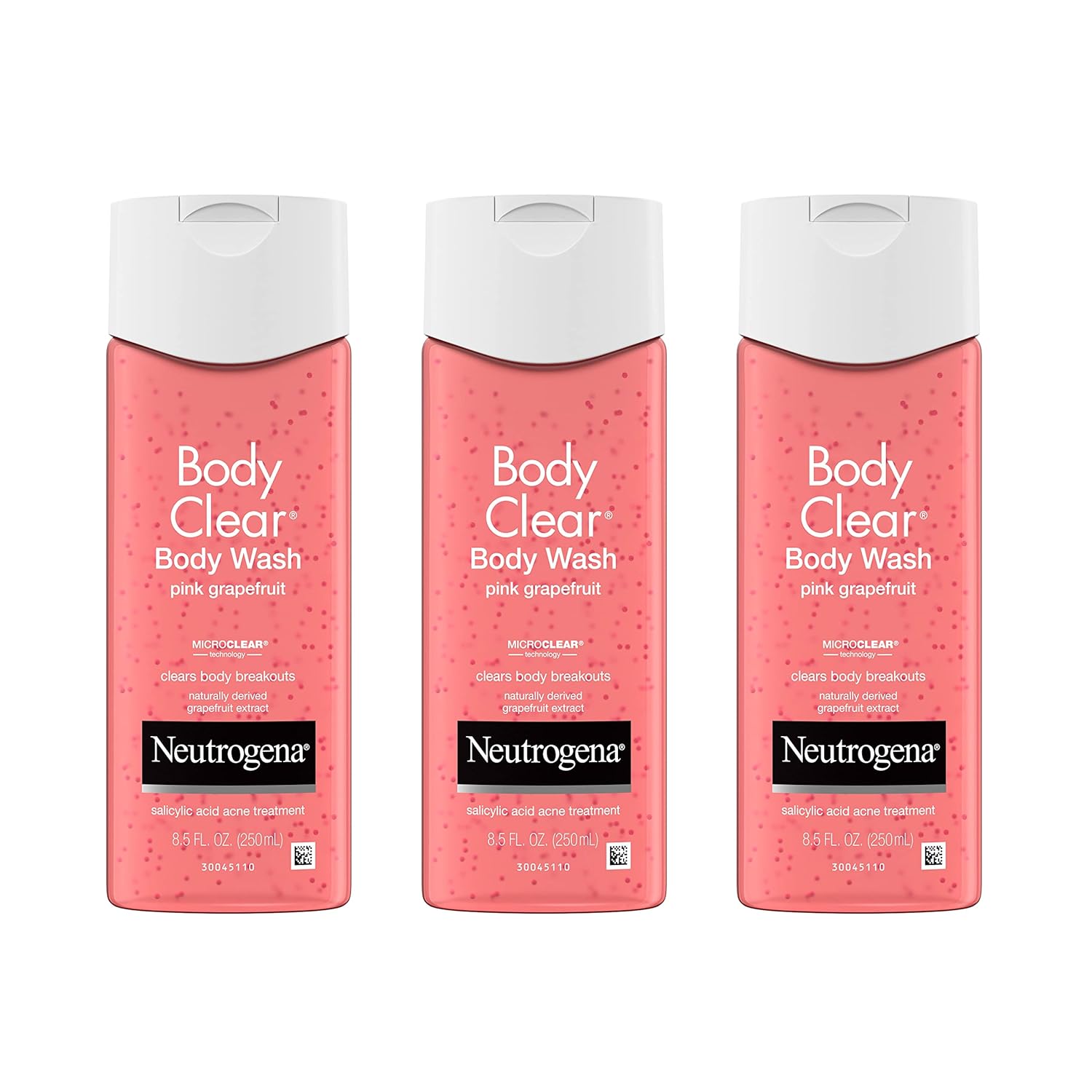 Neutrogena Body Clear Acne Treatment Body Wash with Salicylic Acid Acne Medicine, Pink Grapefruit Body Acne Cleanser to Prevent Breakouts on Back, Chest & Shoulders, 8.5 fl. oz, 3 Pack