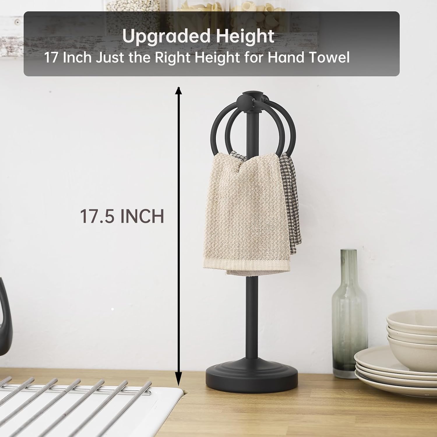 Hoimpro 17" Matte Black Stainless Steel Standing Towel Rack Double Towel Ring Hand Towel Stand Holder, Bathroom Accessories Set Hardware Towel Bar Hanger for Bathroom Vanity and Kitchen Countertops