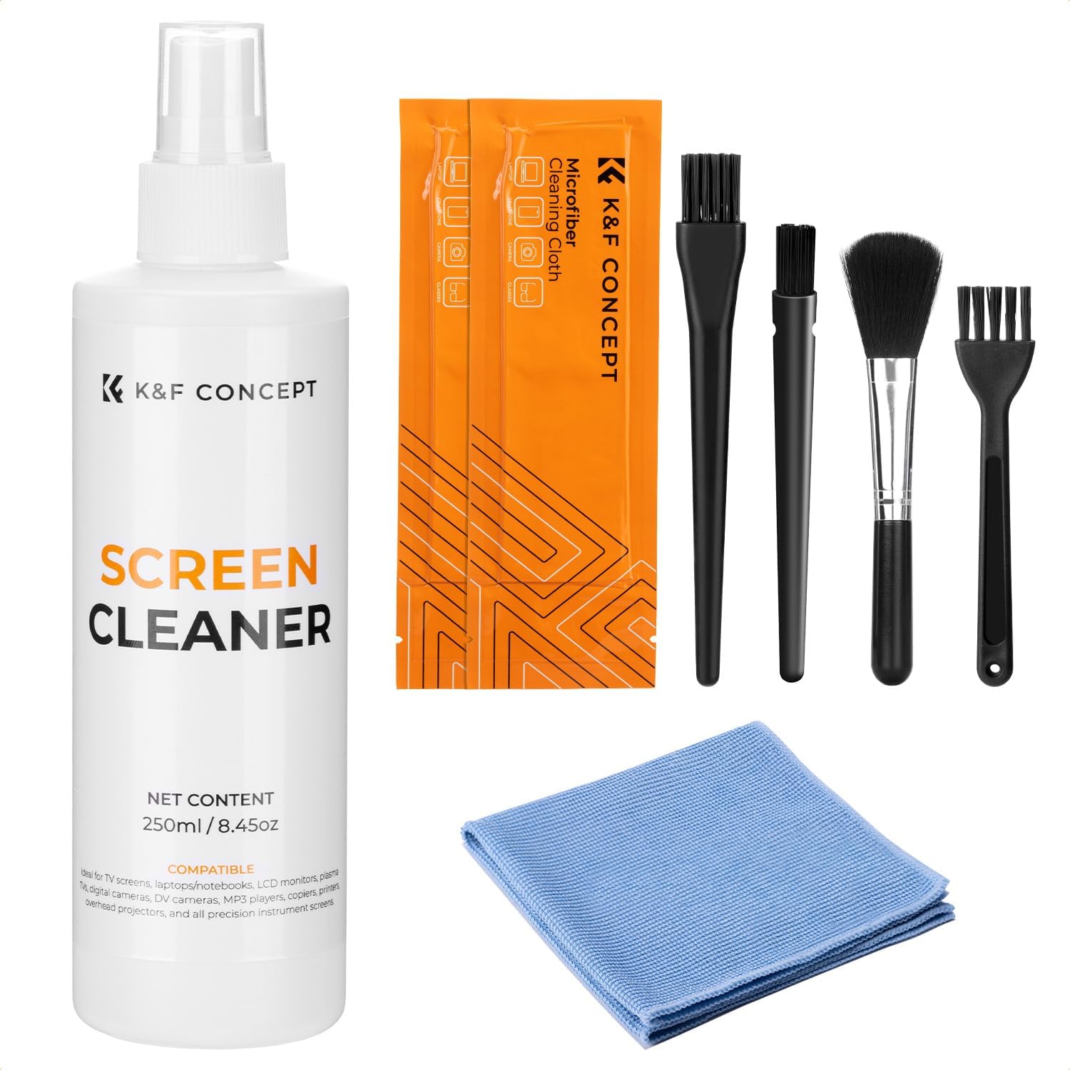 K&F CONCEPT 250ML Screen Cleaner Spray + Large Pearl Cloth + Microfiber Cloths*2 + 4 Brushes - Travel Size Electronic Cleaner for Car, Computer, Laptop, iPad, MacBook, Phone, Watch, Eyeglass