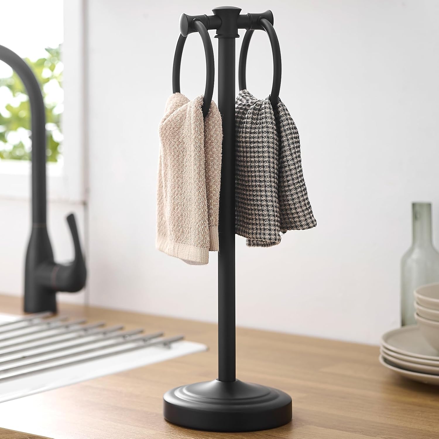 Hoimpro 17" Matte Black Stainless Steel Standing Towel Rack Double Towel Ring Hand Towel Stand Holder, Bathroom Accessories Set Hardware Towel Bar Hanger for Bathroom Vanity and Kitchen Countertops