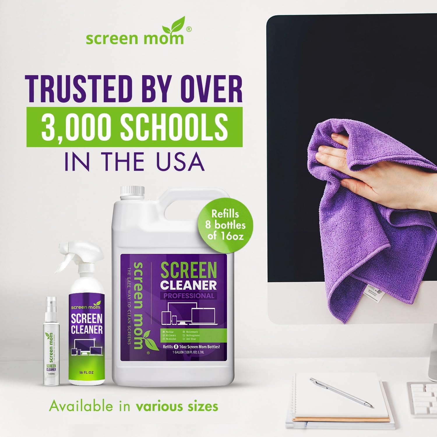 Screen Mom Screen Cleaner Spray and Microfiber Cloth 16oz Screen Cleaner Spray and Wipe for TV, Laptop, Computer, Phone, iPad, Car Screen Cleaning Kit Electronic Cleaner Spray