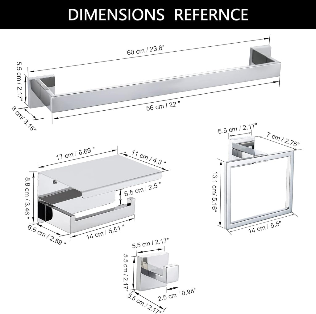 Bathroom Towel Bar Set Toilet Paper Holder with Shelf, Polished Chrome Bathroom Accessories Set, 23.6 Inch Towel Bar Towel Ring Towel Hook 5-Piece Bathroom Hardware Set