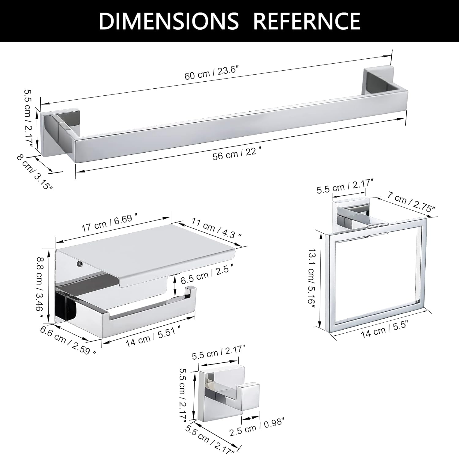 Bathroom Towel Bar Set Toilet Paper Holder with Shelf, Polished Chrome Bathroom Accessories Set, 23.6 Inch Towel Bar Towel Ring Towel Hook 5-Piece Bathroom Hardware Set