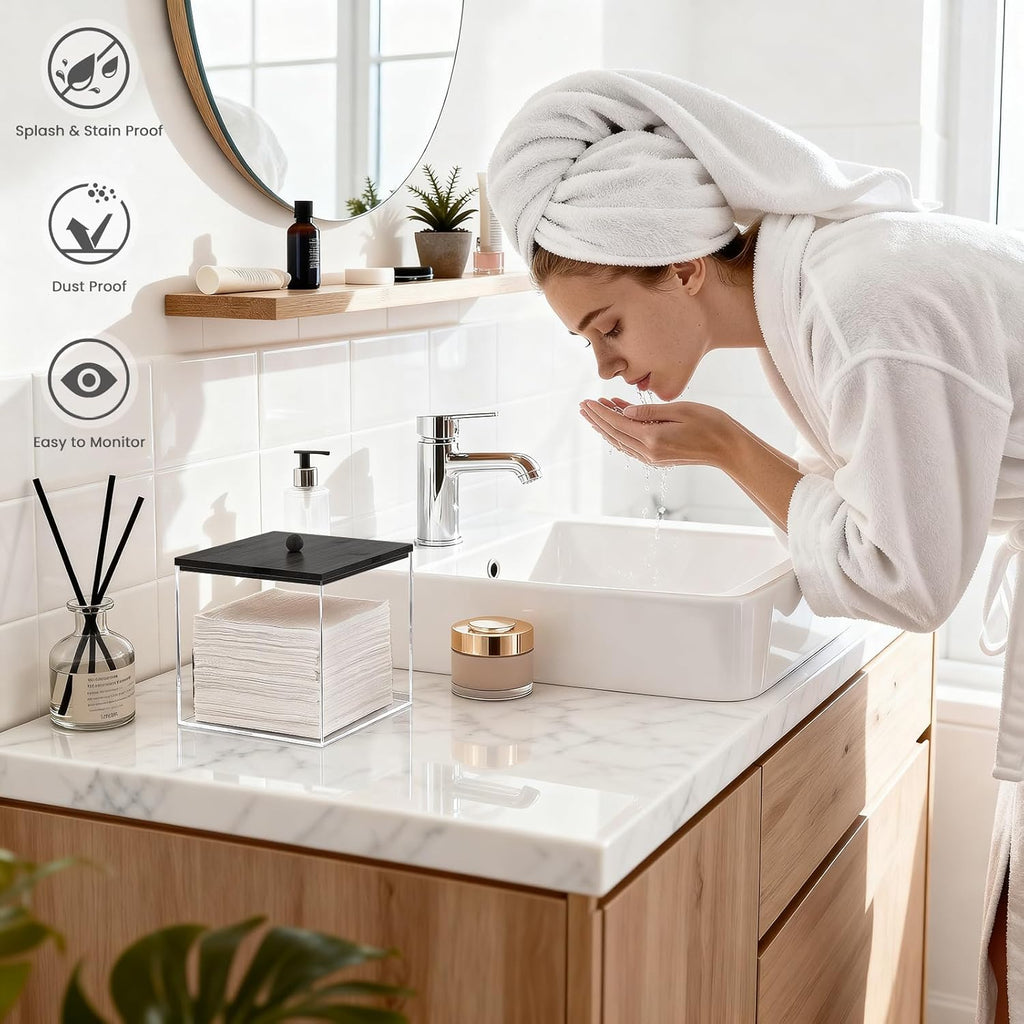 Puricon Acrylic Disposable Facial Towels Holder, Clear Storage Bin with Wood Lid Compatible with Clean Skin Club Towel (NOT Included), Face Towelettes Container for Bathroom Counter -Black