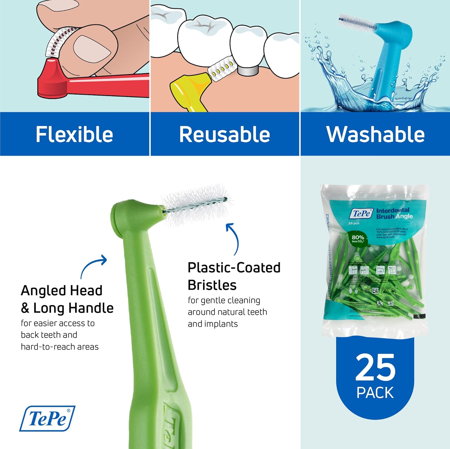 TePe Interdental Brush Angle, Angled Dental Brush for Teeth Cleaning, Pack of 25, 0.8 mm, Large Gaps, Green, Size 5