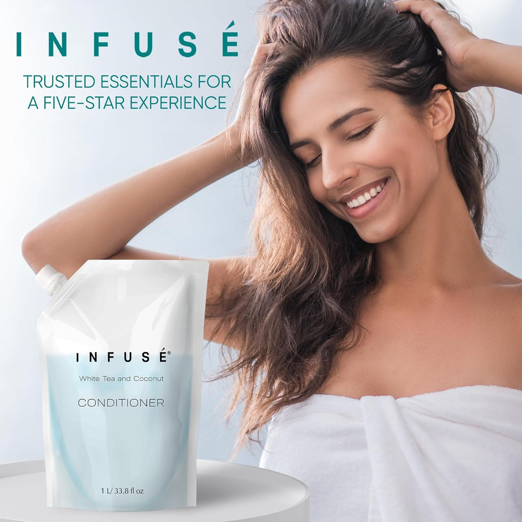 1 Liter Conditioner Refill Bag For Soap Dispensers | Bulk Toiletries for Vacation Rentals, and Home Bathroom Showers | White Tea and Coconut | Single