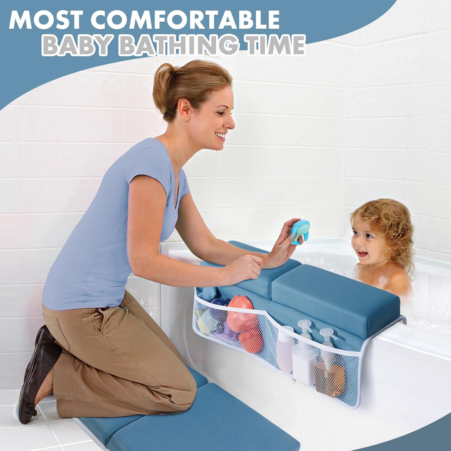 beiens Bath Kneeler and Elbow Rest Pad Set - 1.5'' Comfortable Thick Baby Bath Kneeler Pads, Quick Dry Soft Kneeling Pad for Baby Bath Time, Non-Slip Knee& Arm Support Bathtub Mat with Toys Organizer