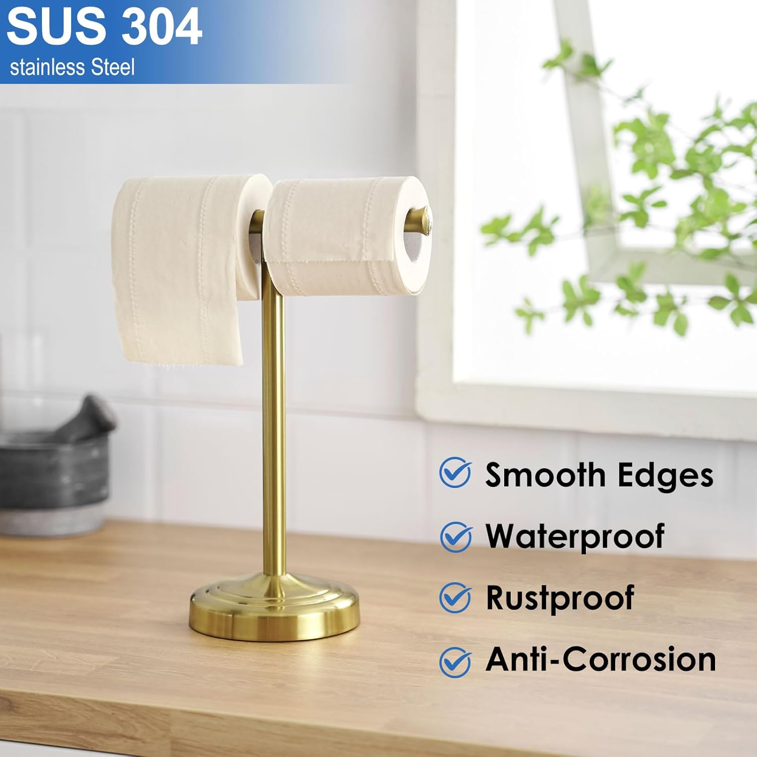 RUMOSE 13 Inch Brushed Gold Towel Stand Hand Towel Holder Bathroom Kitchen Vanity Countertop T-Shape Towel Rack Free Standing Stainless Steel Towel Bar Towel Ring