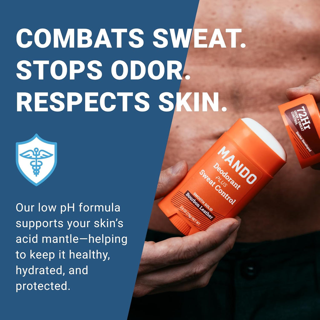 Mando Antiperspirant Deodorant Sweat and Odor Control for Men – Extra Strength Smooth Solid Stick – 72 Hour Performance – Baking Soda Free, Skin Safe – 2.6 oz – Bourbon Leather – Pack of 2