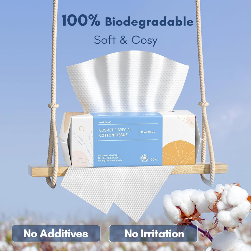 PoeticEHome Face Towel Disposable - Ultra Soft Cotton Tissue Dry Wipes - Lint Free Facial Cleansing Cloths