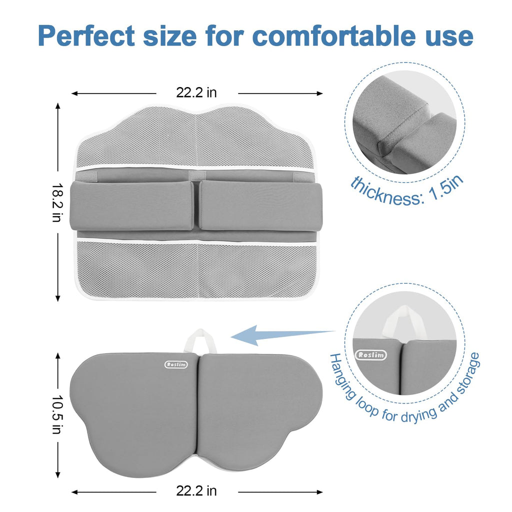 Roslim Bath Kneeler and Elbow Rest Pad Set - Quick Dry Soft Bath Mat Bundle - Non-Slip Durable Foam Kneeling Pads for Bathing, Tub Arm Rest with Toy Storage Pockets - Machine Washable, Grey