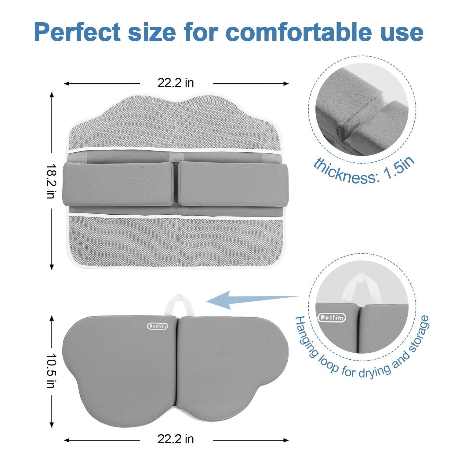 Roslim Bath Kneeler and Elbow Rest Pad Set - Quick Dry Soft Bath Mat Bundle - Non-Slip Durable Foam Kneeling Pads for Bathing, Tub Arm Rest with Toy Storage Pockets - Machine Washable, Grey