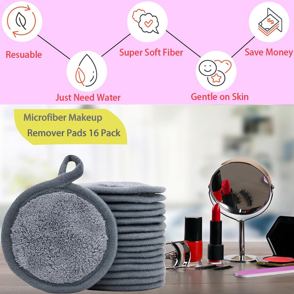 Reusable Makeup Remover Pads 16 Pack Microfiber Cleansing Facial Rounds Wipes Face, Eyes, Lips（3.5inch, grey）