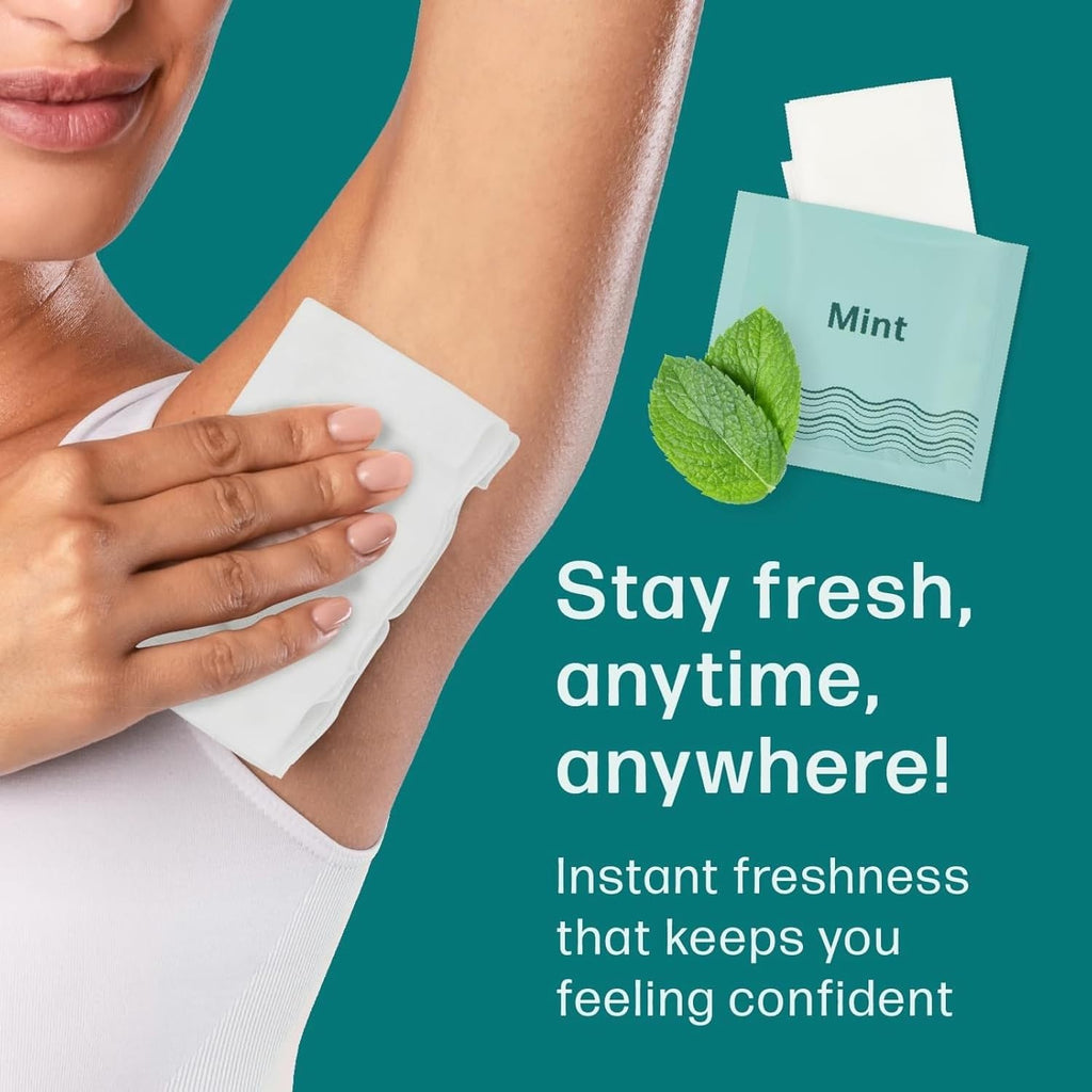 Dew Well Deodorant Wipes - Individually Wrapped Armpit Wipes & Purse Essentials - Sweat-Blocking Mini Deodorant - Compact Tissue Packs & Travel Accessories - 50 Count, Mint
