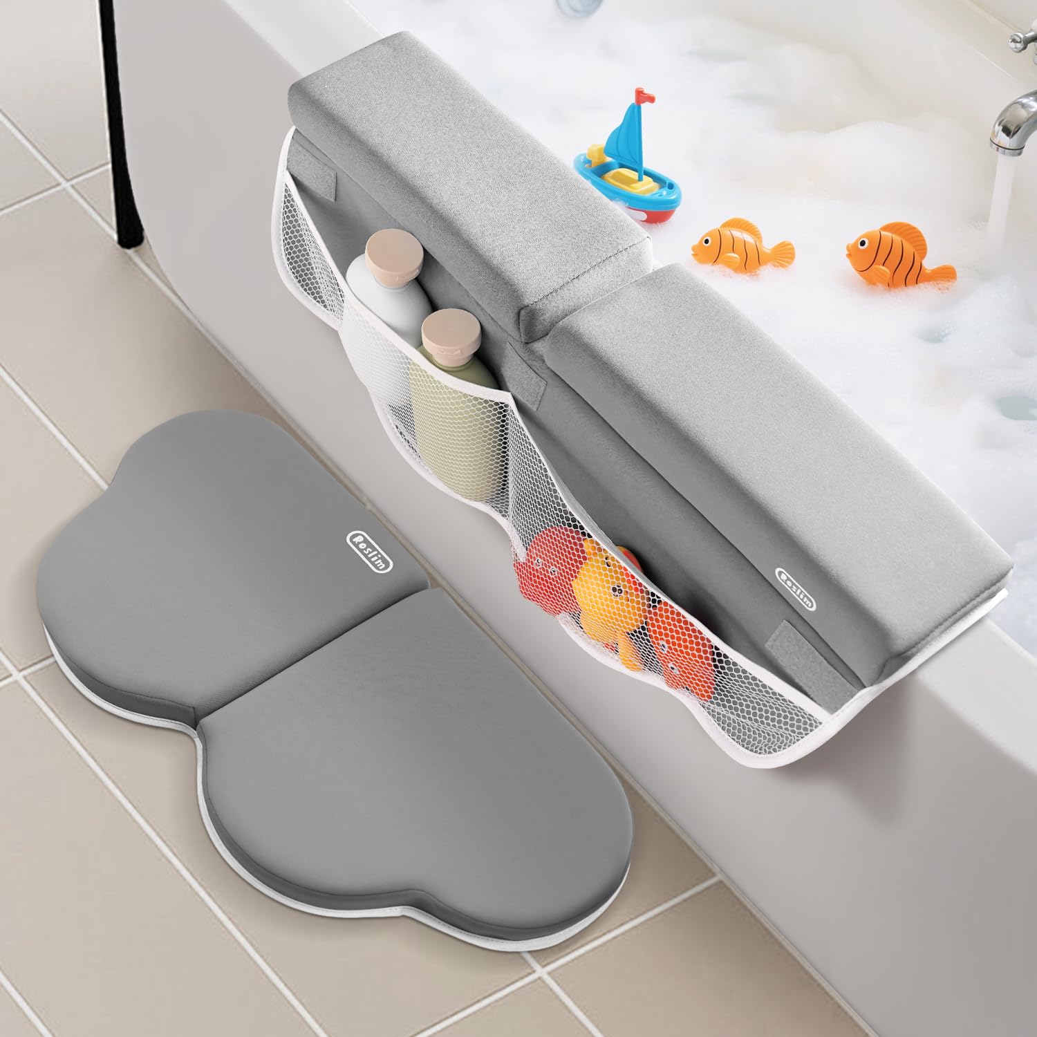 Roslim Bath Kneeler and Elbow Rest Pad Set - Quick Dry Soft Bath Mat Bundle - Non-Slip Durable Foam Kneeling Pads for Bathing, Tub Arm Rest with Toy Storage Pockets - Machine Washable, Grey