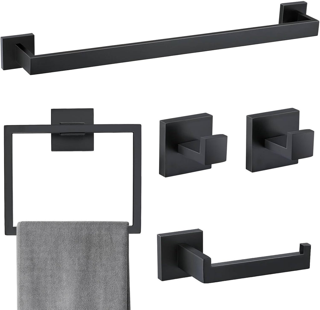 5 Pieces Bathroom Hardware Accessories Set Matte Black Towel Bar Set Towel Holder Racks Set for Bathroom,SUS304 Stainless Steel,Wall Mounted 23.6-Inch