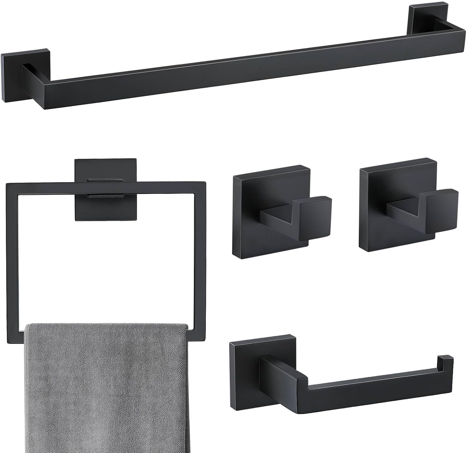 5 Pieces Bathroom Hardware Accessories Set Matte Black Towel Bar Set Towel Holder Racks Set for Bathroom,SUS304 Stainless Steel,Wall Mounted 23.6-Inch