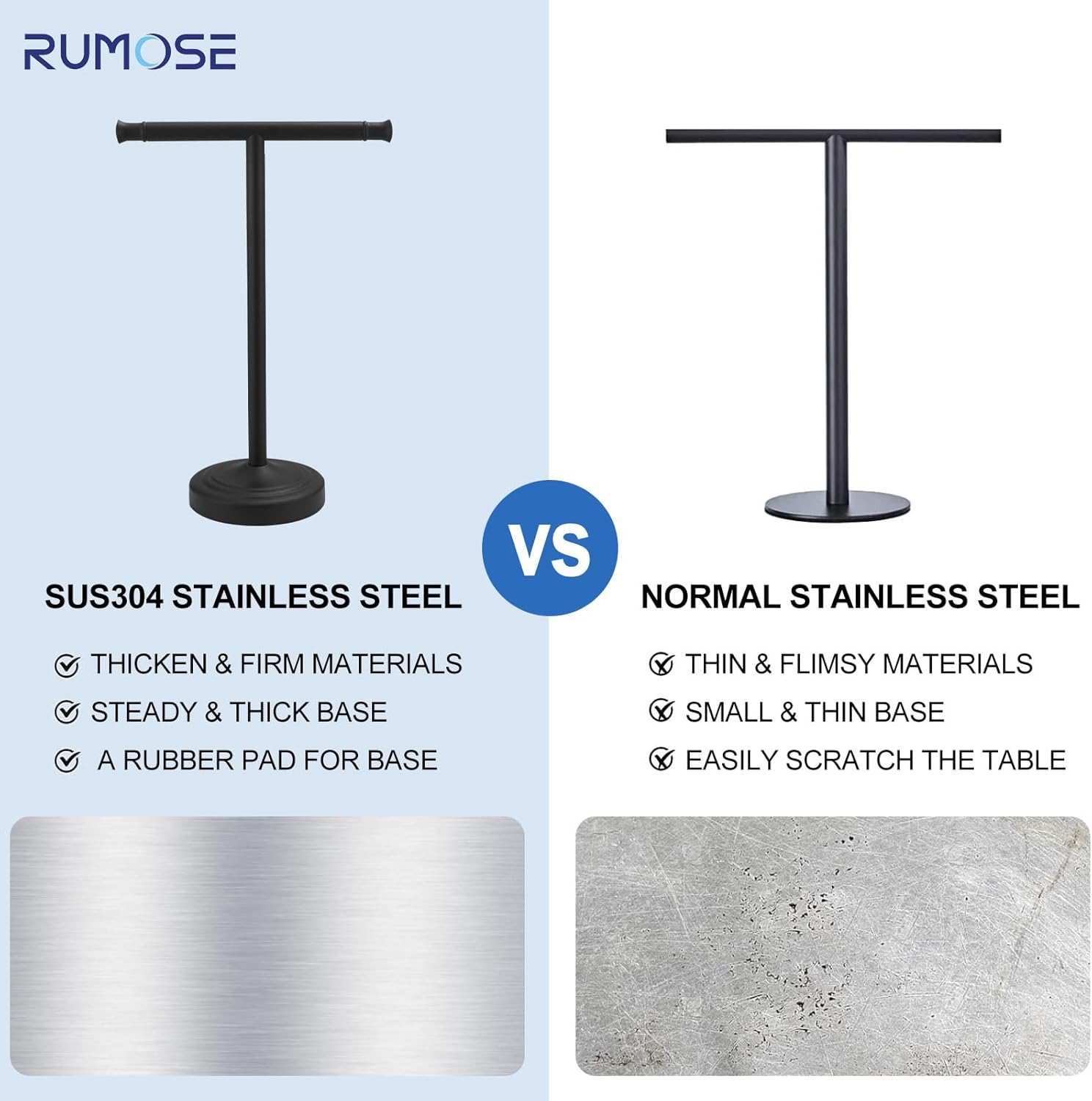 RUMOSE 13 Inch Matte Black Towel Stand Hand Towel Holder Bathroom Kitchen Vanity Countertop T-Shape Towel Rack Free Standing Stainless Steel Towel Bar Towel Ring