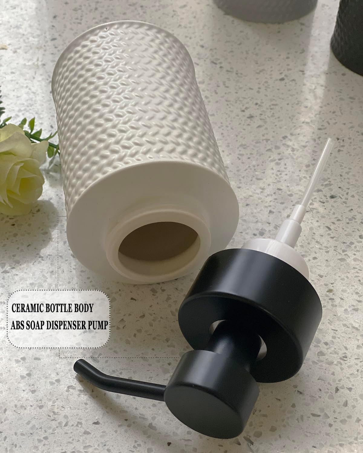 10 Oz Foaming Soap Dispenser for Bathroom,Kitchen Foam Soap Dispenser,Refillable Modern Foam Pump Bottle,Black Ceramic Foaming Hand Pump Dispenser (White Weave)